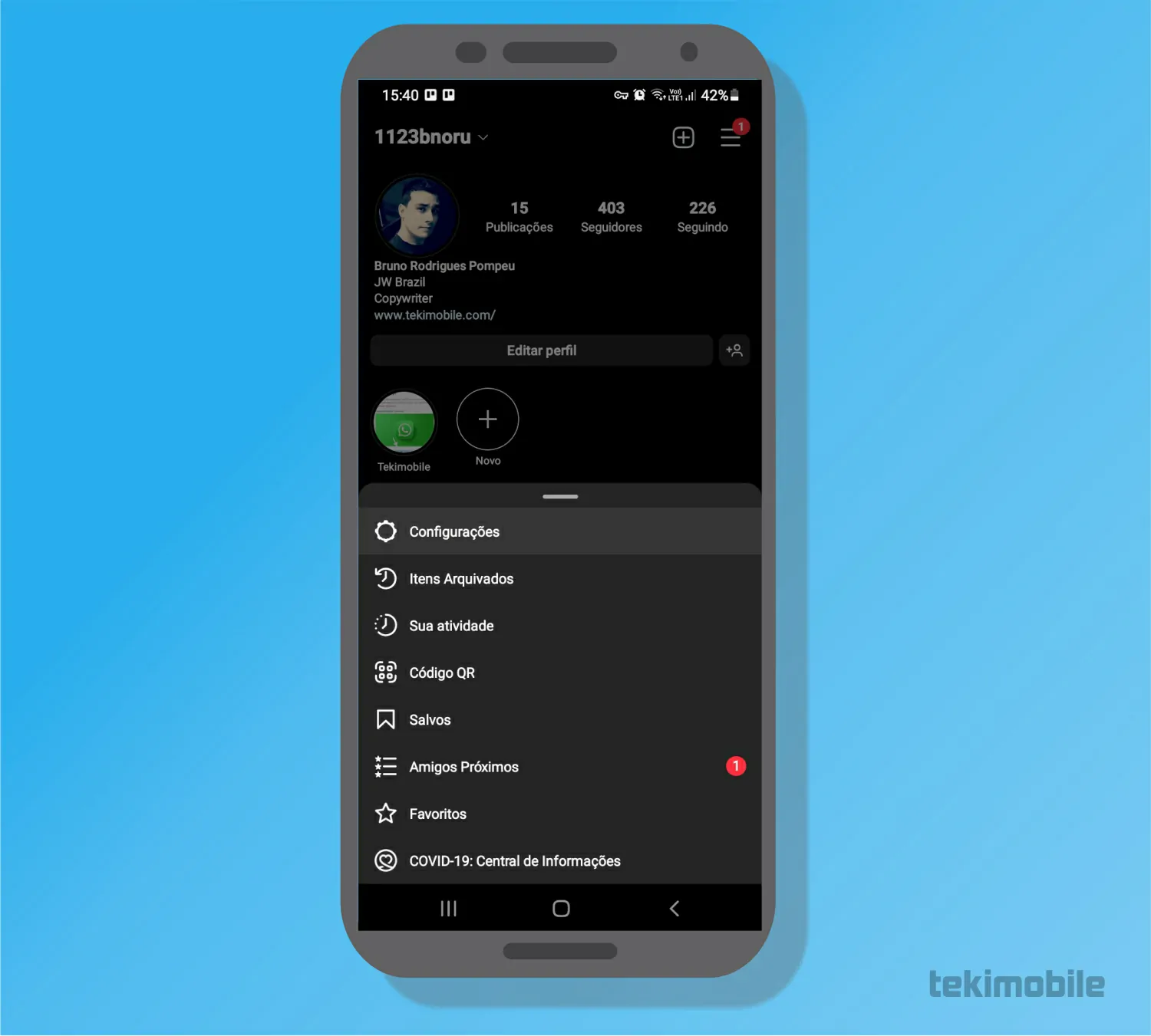 Toque sobre configurações - Com postar no Instagram e Facebook ao mesmo tempo
