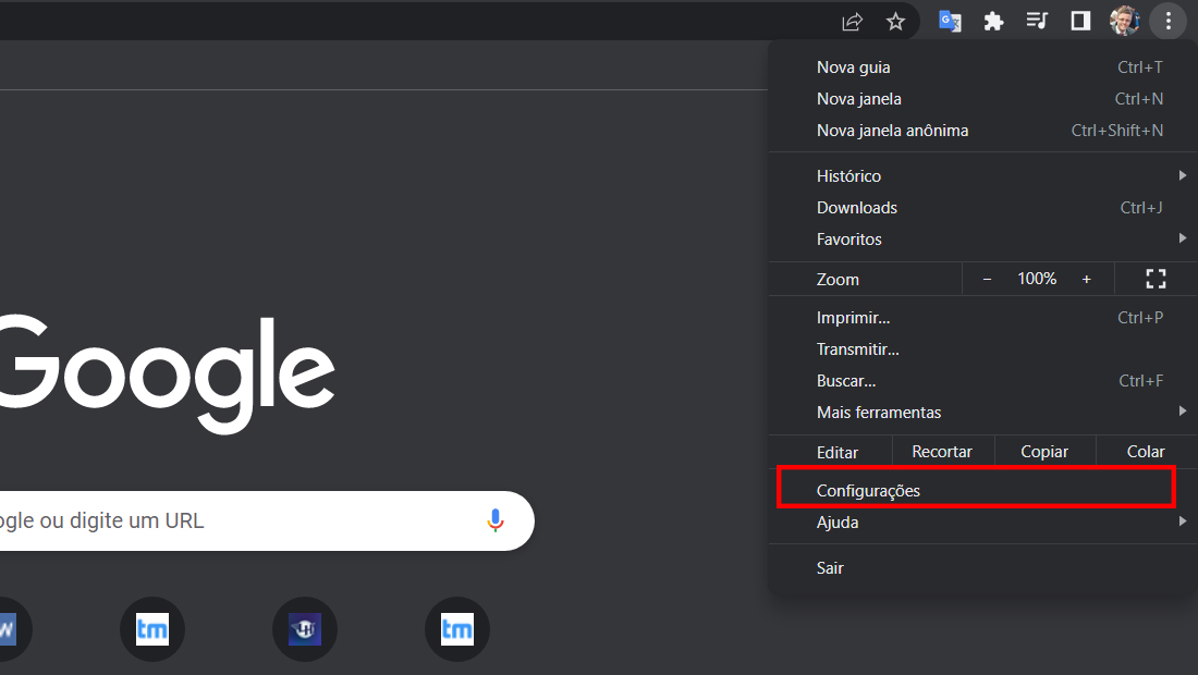 As configurações é uma das últimas opções
