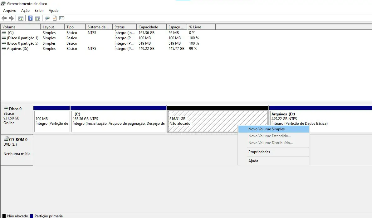 Botão direito no espaço não alocado - Como criar uma nova partição no Windows