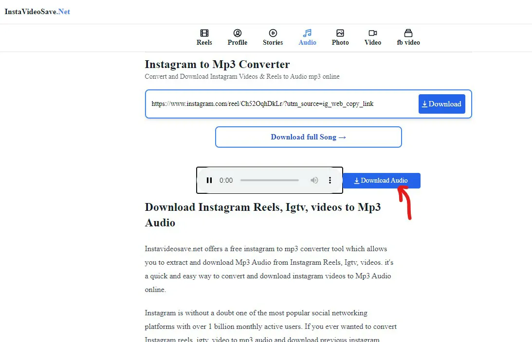 Clique em Download - Como baixar um áudio do Instagram