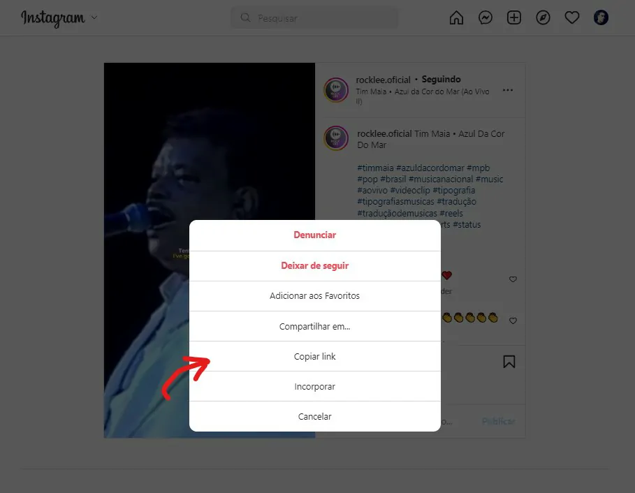 Clique em copiar link - Como baixar um áudio do Instagram