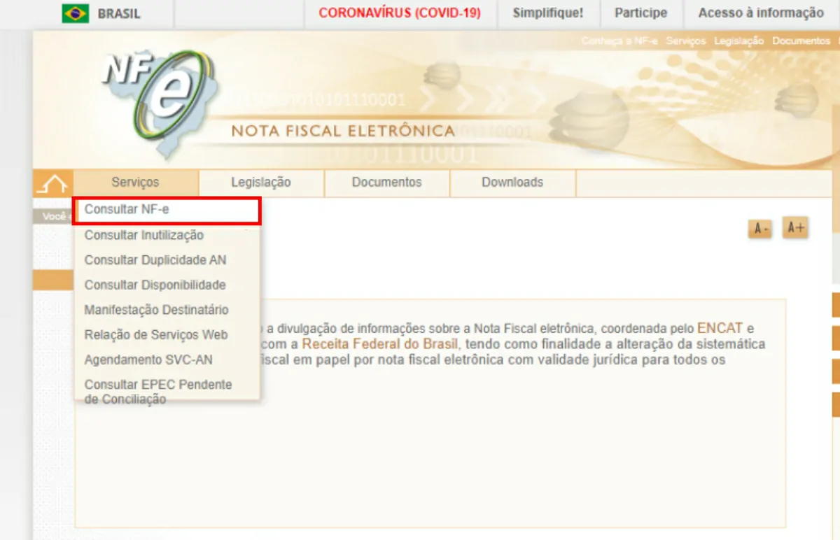 Clique em selecionar NFe - Como baixar nota fiscal com Chave de Acesso