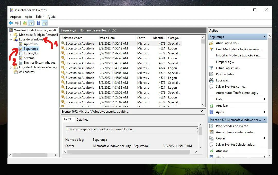 Clique sobre Logs do Windows - Como consultar o histórico no seu computador Windows