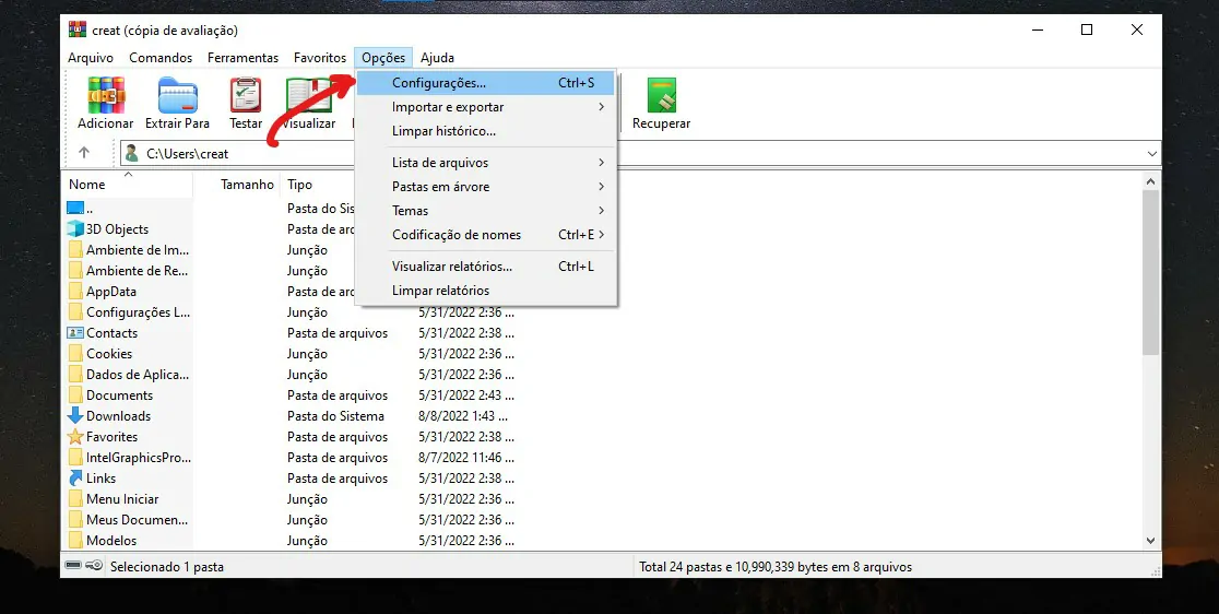 Clique sobre opções - Como extrair arquivos ISO usando o Winrar
