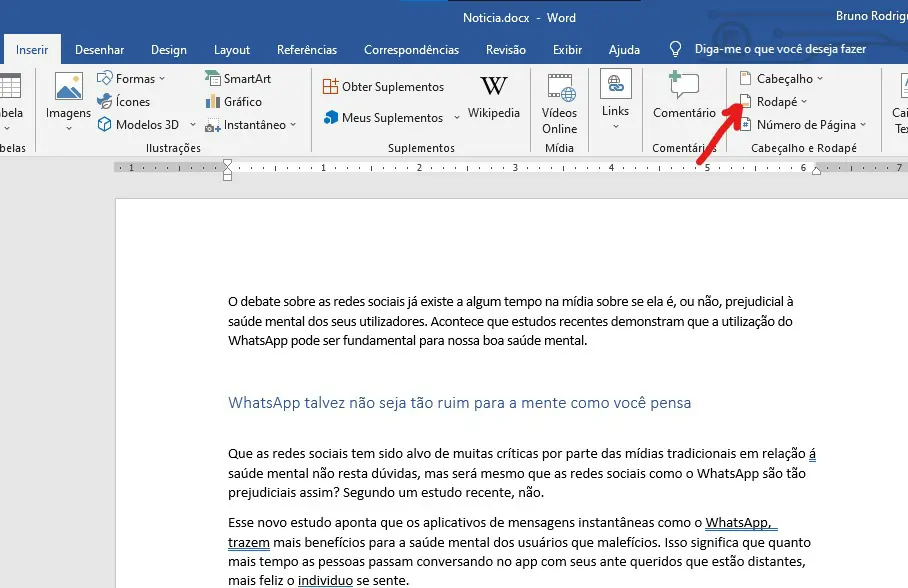Clique sobre rodapé - Word como colocar cabeçalho e rodapé