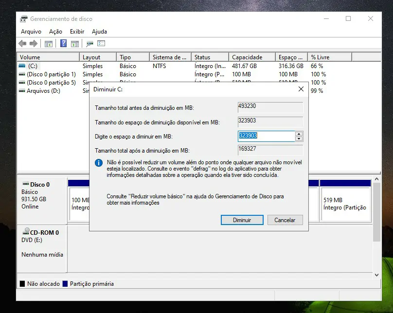 Diminua os espaço do disco - Como criar uma nova partição no Windows