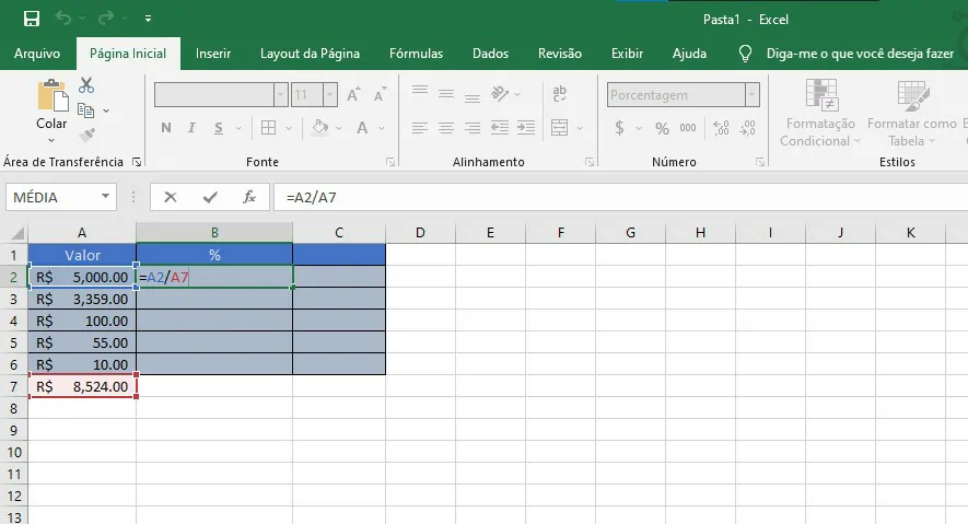 Insira o valor - Como calcular porcentagem no Excel