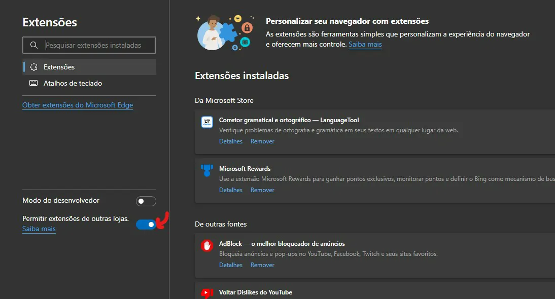 Marque a opção - Como instalar extensões no Edge [mesmas do Chrome]