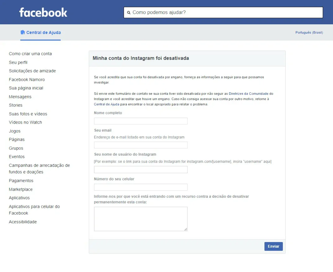 Preencha as informações no site - Como recuperar a conta do Instagram bloqueada ou suspensa