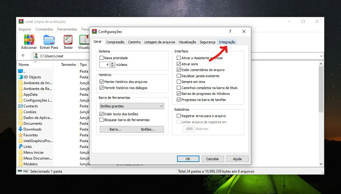Selecione Integração - Como extrair arquivos ISO usando o Winrar