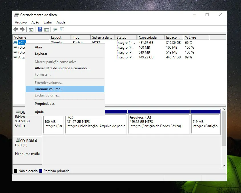 Selecione diminuir - Como criar uma nova partição no Windows