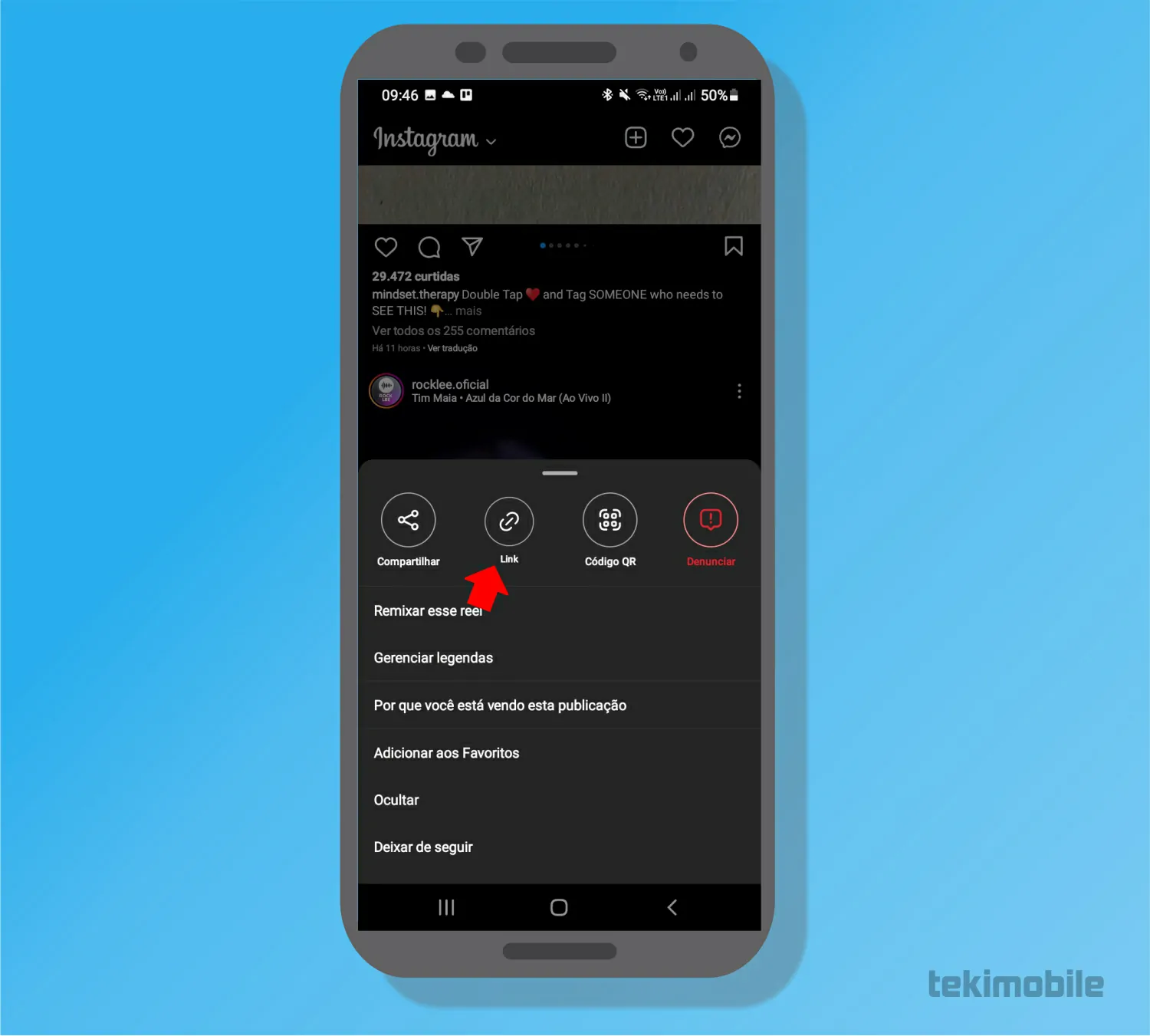 Selecione link - Como baixar um áudio do Instagram