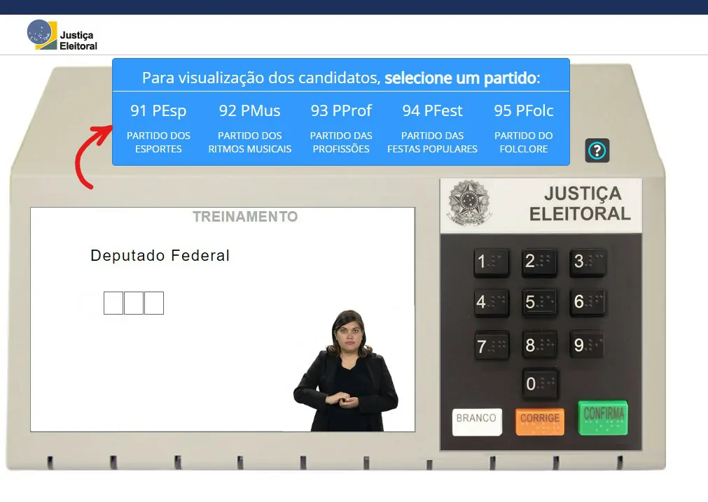 Selecione um dos partidos - Como usar emulador de voto eletrônico