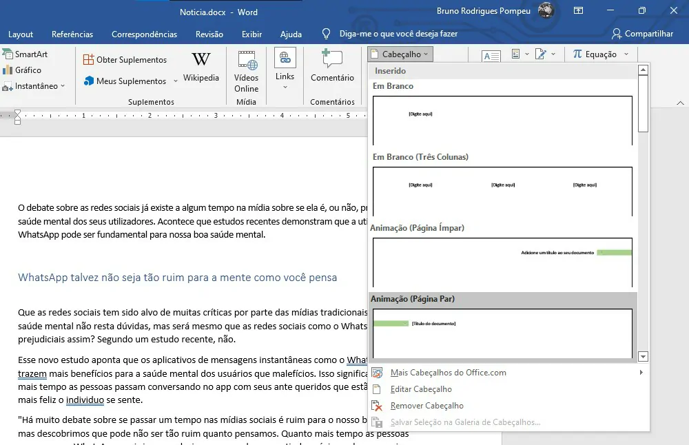 Selecione uma opção de cabeçalho - Word como colocar cabeçalho e rodapé
