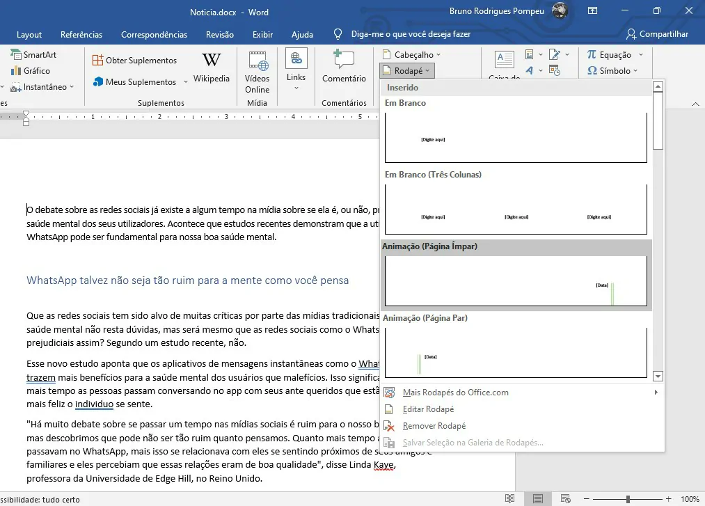 Selecione uma opção de rodapé - Word como colocar cabeçalho e rodapé