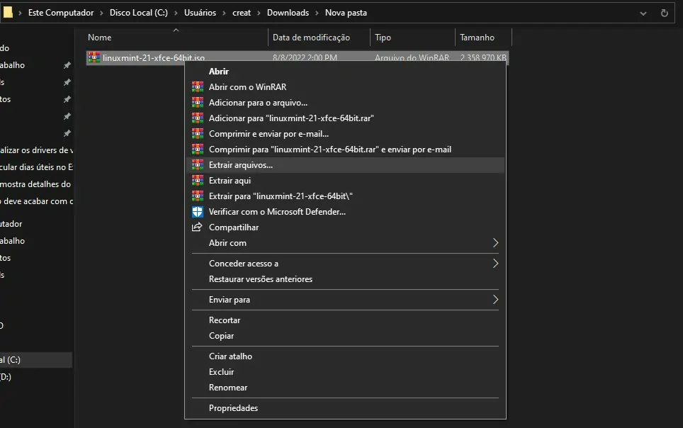 Selecione uma opção no menu - Como extrair arquivos ISO usando o Winrar