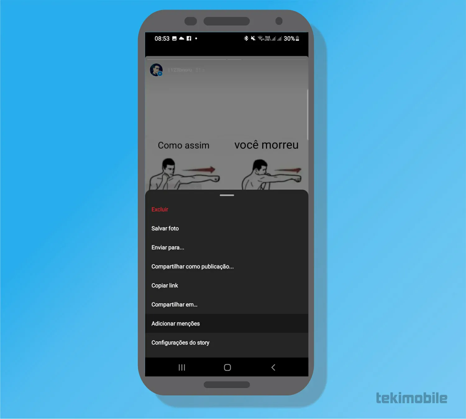 Toque em adicionar mensões - Como editar Stories publicado