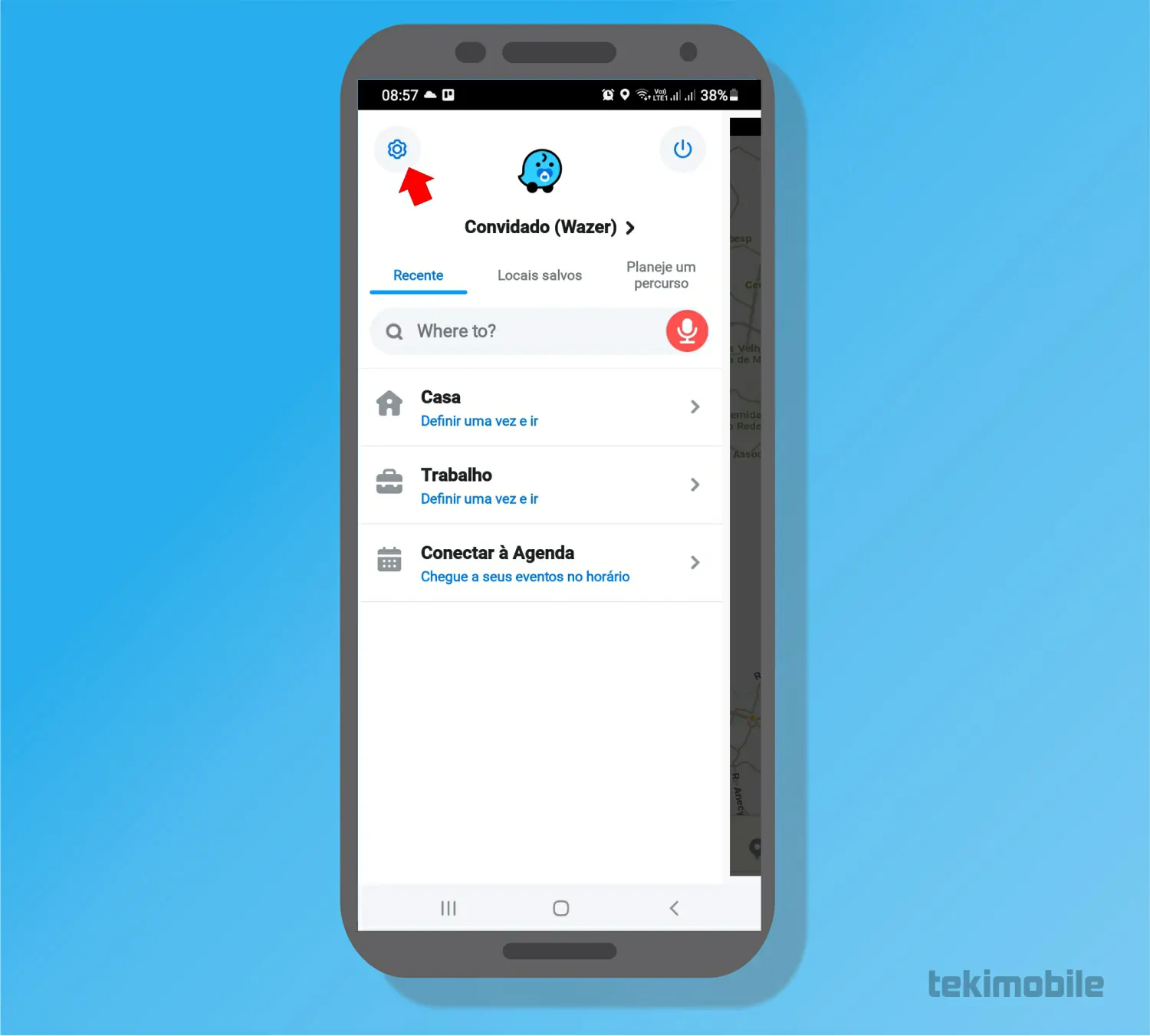 Toque em configurações - Como mudar a voz do Waze