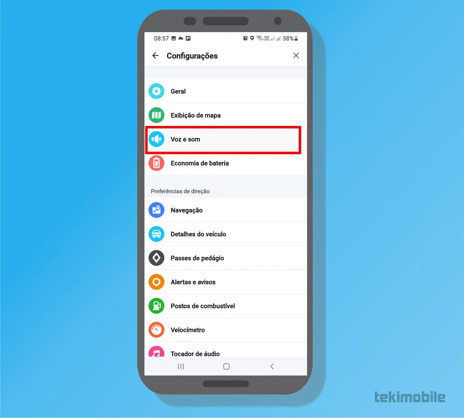 Toque em voz e som - Como mudar a voz do Waze
