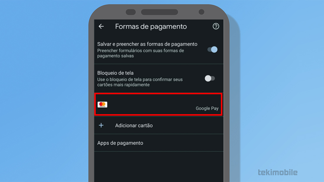 Toque na opção do cartão