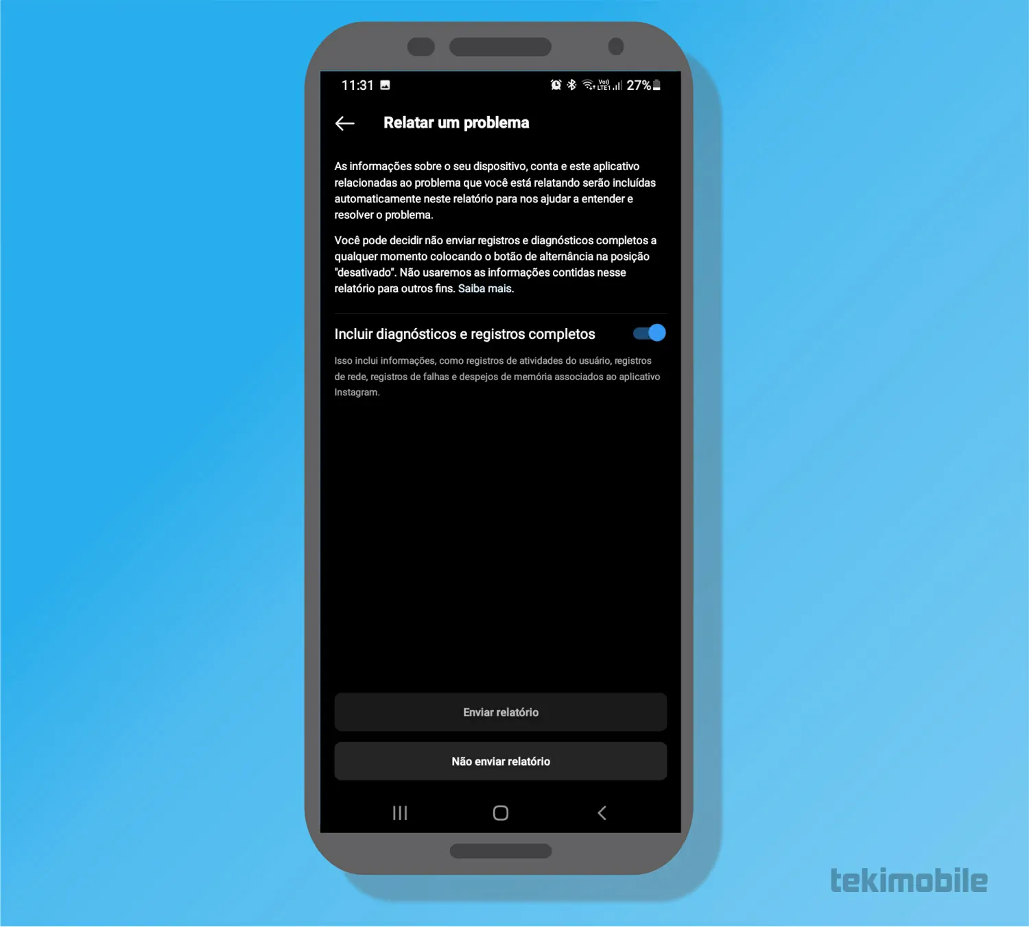 Toque sobre Enviar relatorio - Como recuperar a conta do Instagram bloqueada ou suspensa