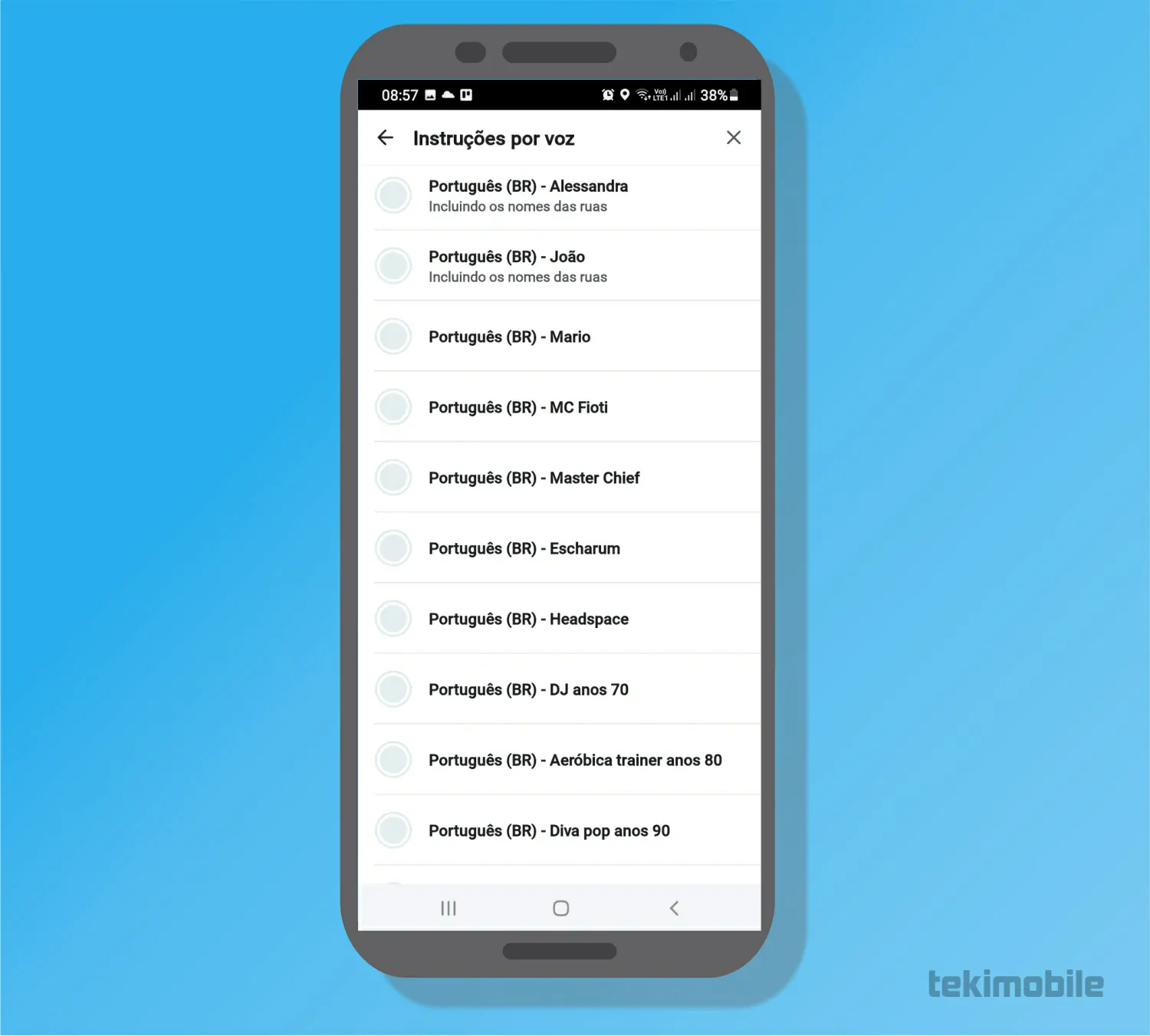 Toque sobre uma opção - Como mudar a voz do Waze
