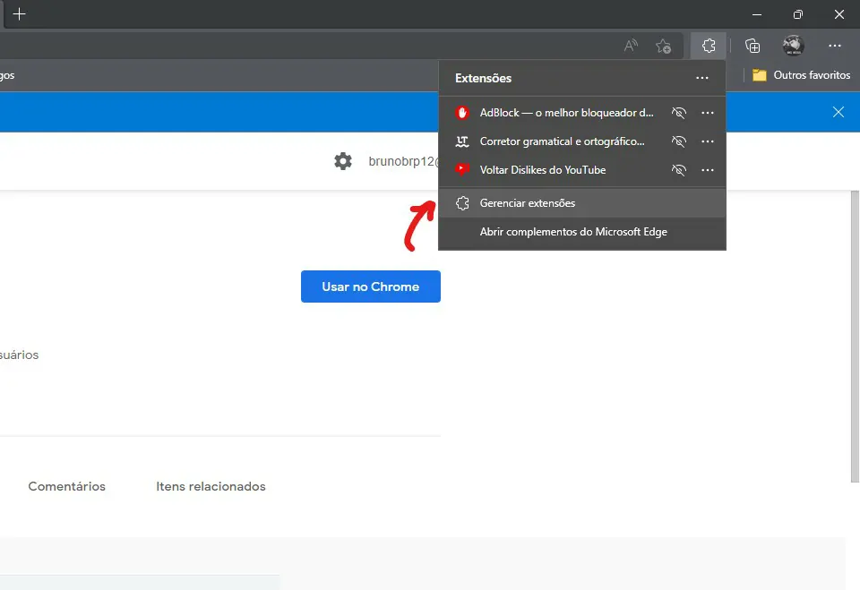 clique em gerenciar - Como instalar extensões no Edge [mesmas do Chrome]