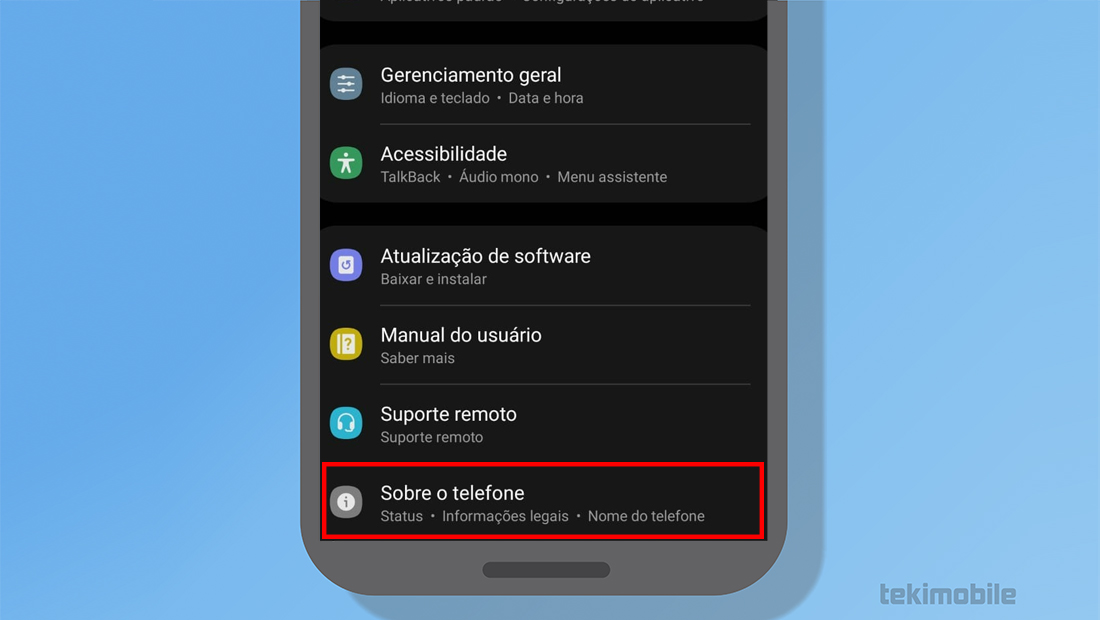 A opção normalmente é a última em configurações