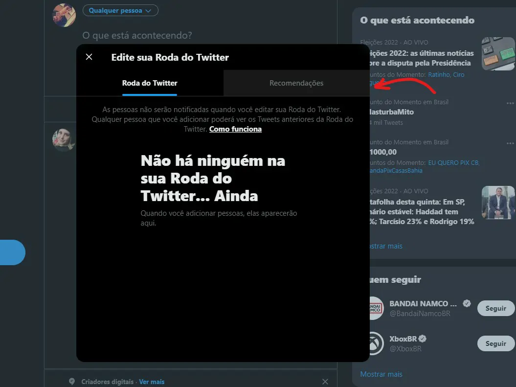 Clique sobre Recomendações - Twitter Circle o que é e como usar