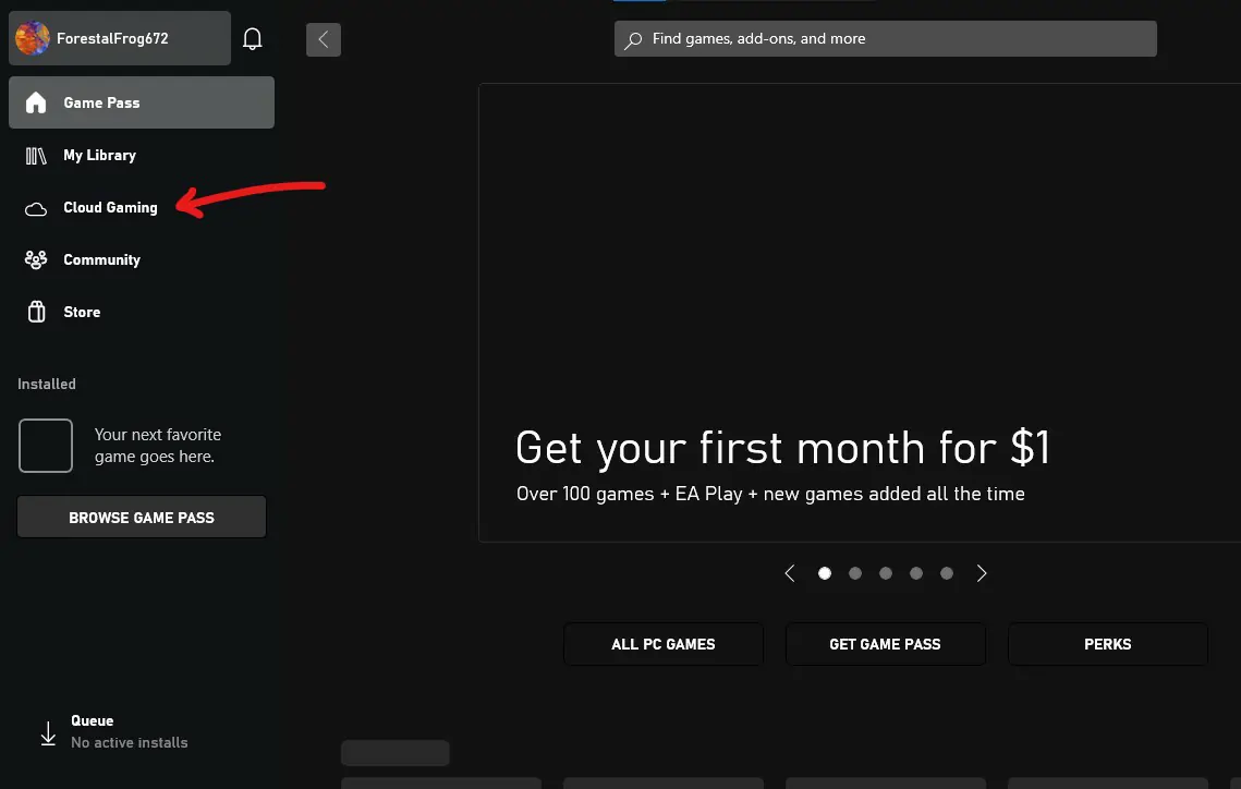 Clique sobre a opção Cloud Gaming - Xbox Cloud o que é, como acessar e jogar