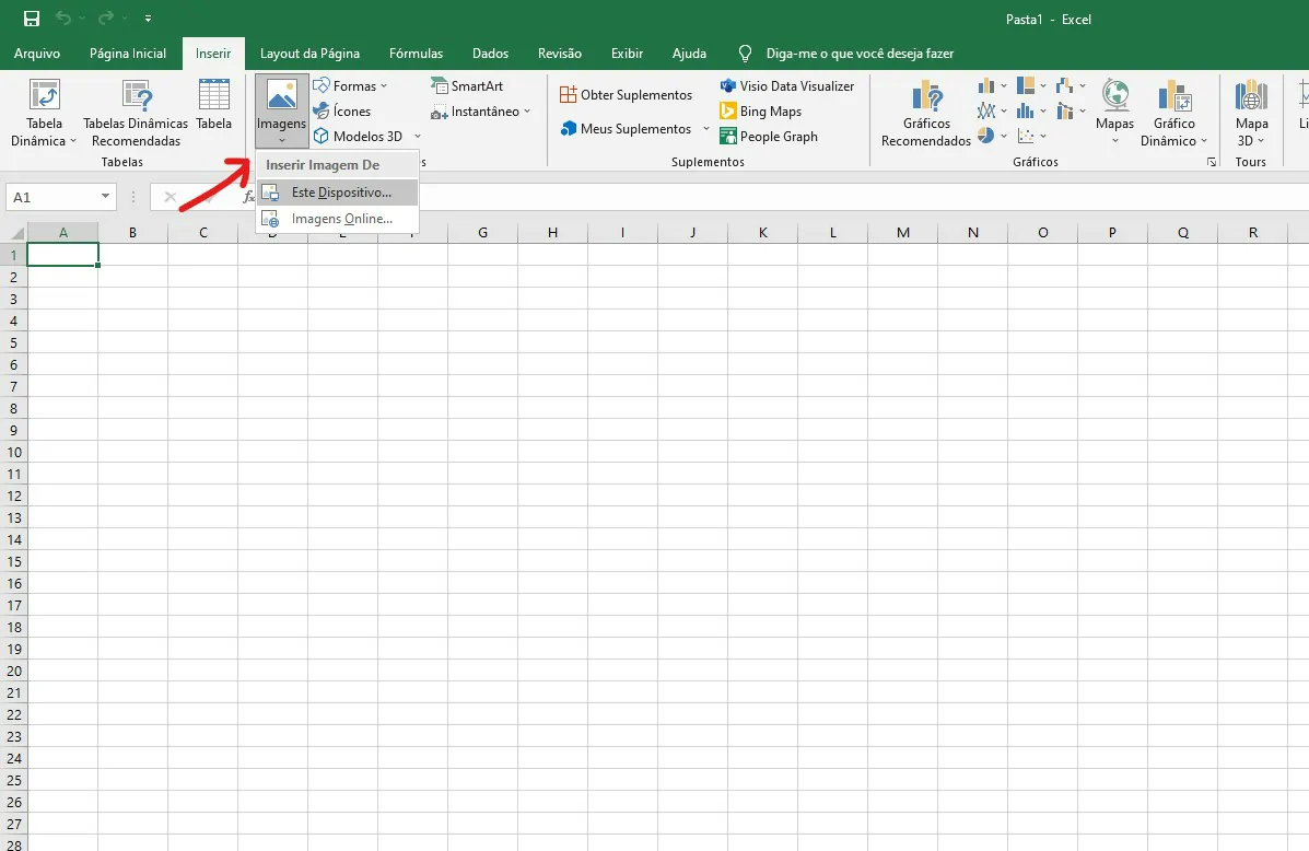 Clique sobre a opção de imagens no Excel - Como colocar imagens no Word e Excel