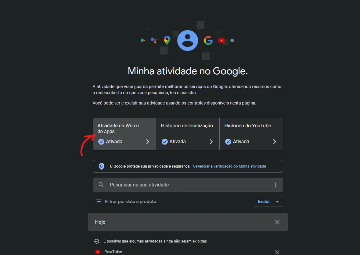 Clique sobre atividade - Como desativar Minhas atividades no Google
