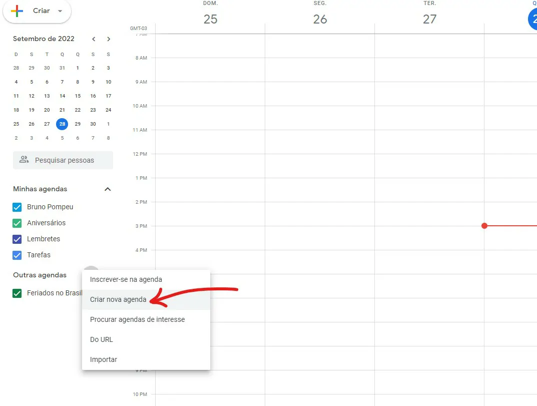 Clique sobre criar uma agenda - Como agendar jogos da Copa do Mundo no Google Agenda e Calendário do iOS