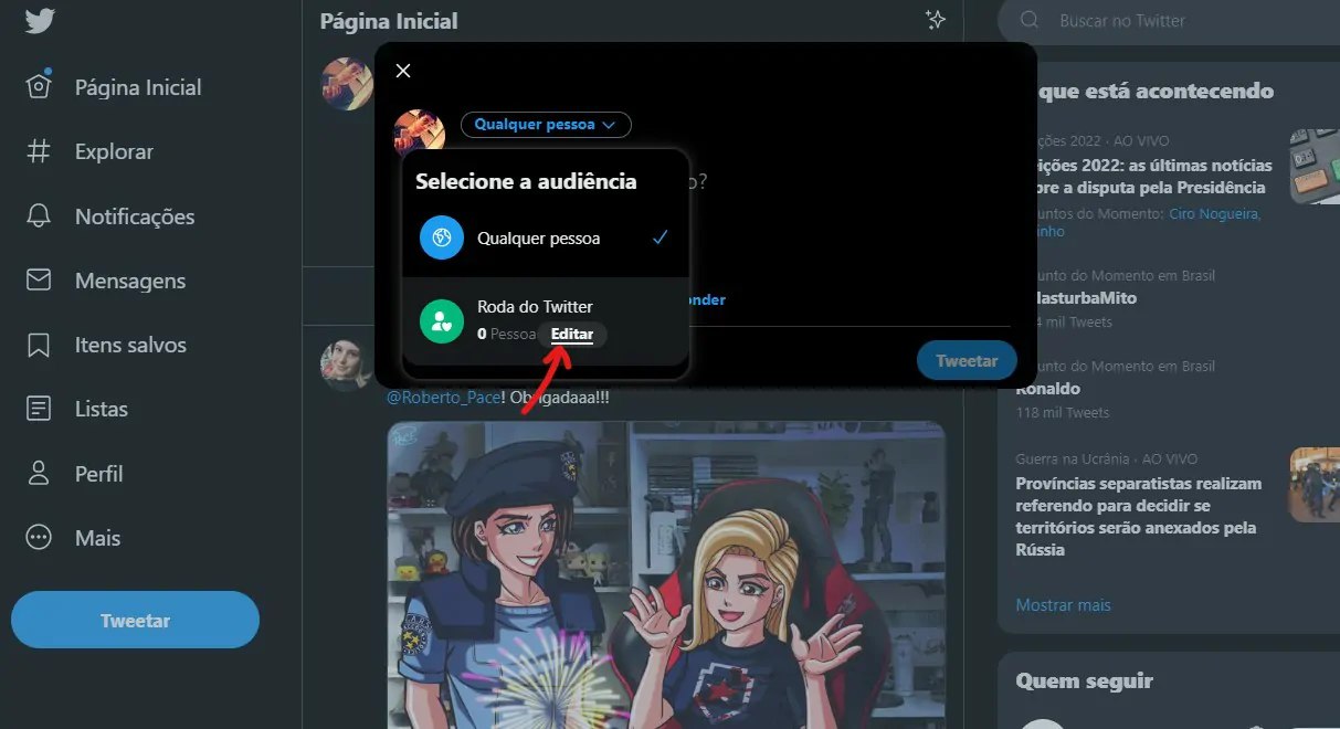 Clique sobre editar - Twitter Circle o que é e como usar