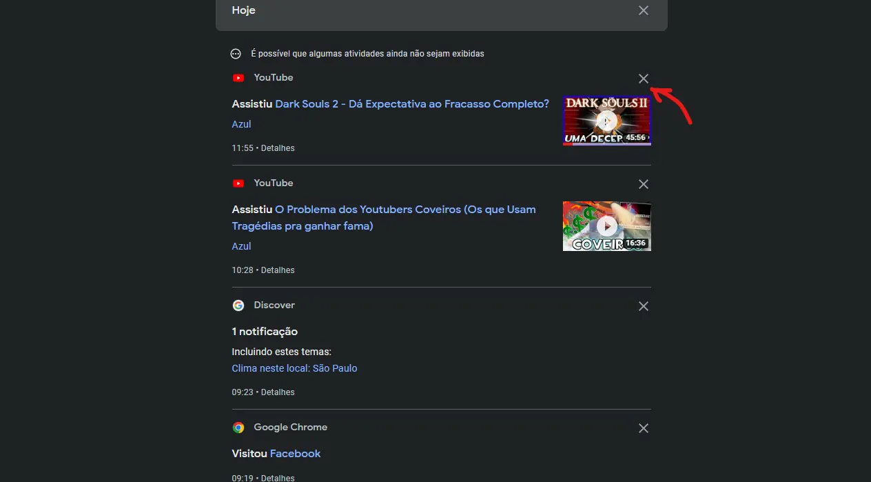 Clique sobre o x - Como desativar Minhas atividades no Google