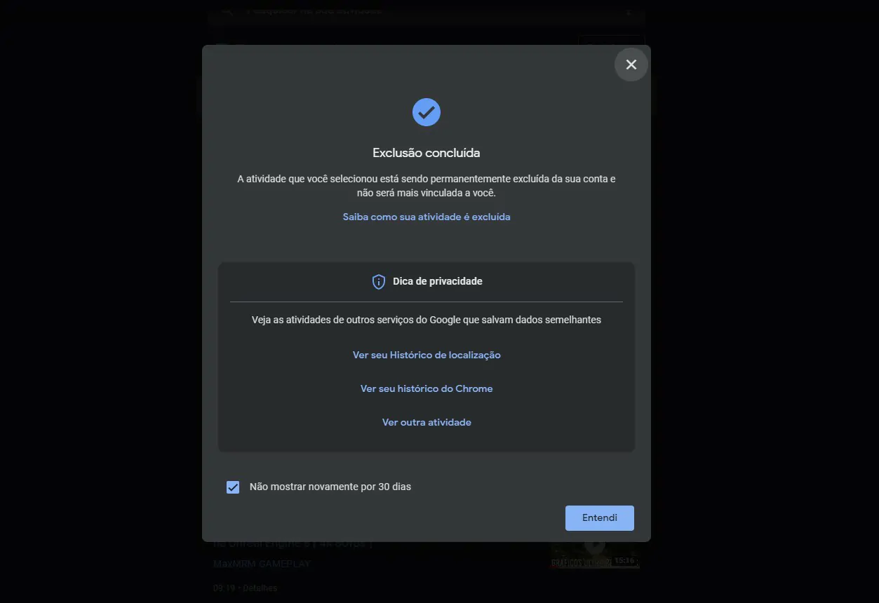Confirmação de exclusão - Como desativar Minhas atividades no Google