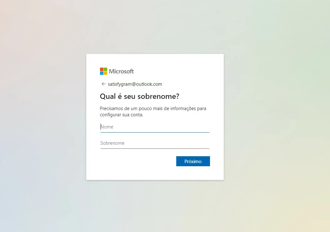 Entre com o nome e sobrenome - Como criar um e-mail no Outlook