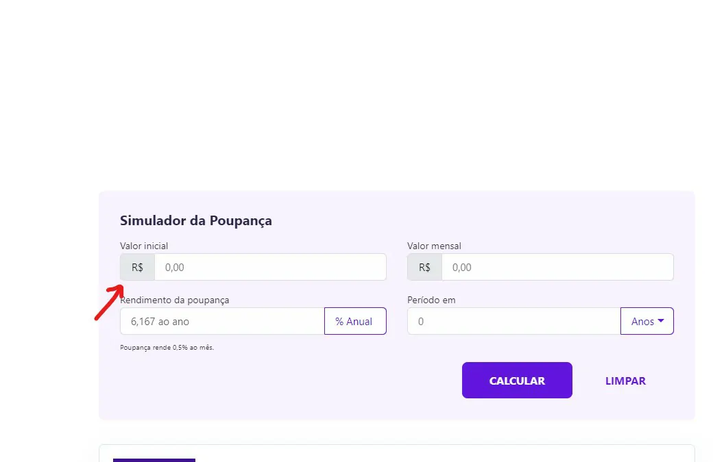 Insira o valor no campo - Como saber quanto a Poupança rende [simulador]