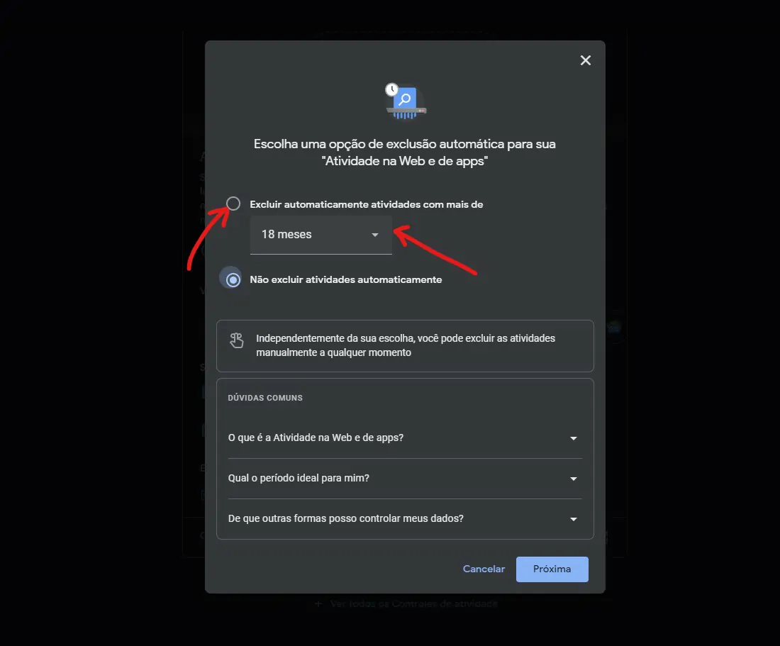 Marque a opção e selecione a quantidade de dias - Como desativar Minhas atividades no Google