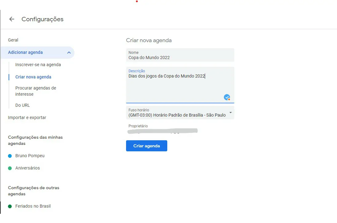Preencha as informações e selecione Criar agenda - Como agendar jogos da Copa do Mundo no Google Agenda e Calendário do iOS