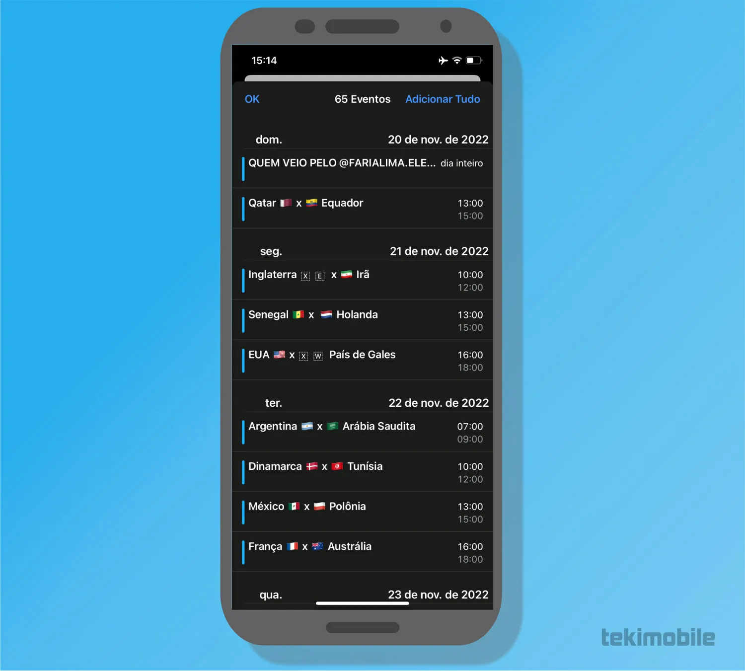 Toque em Adicionar tudo - Como agendar jogos da Copa do Mundo no Google Agenda e Calendário do iOS