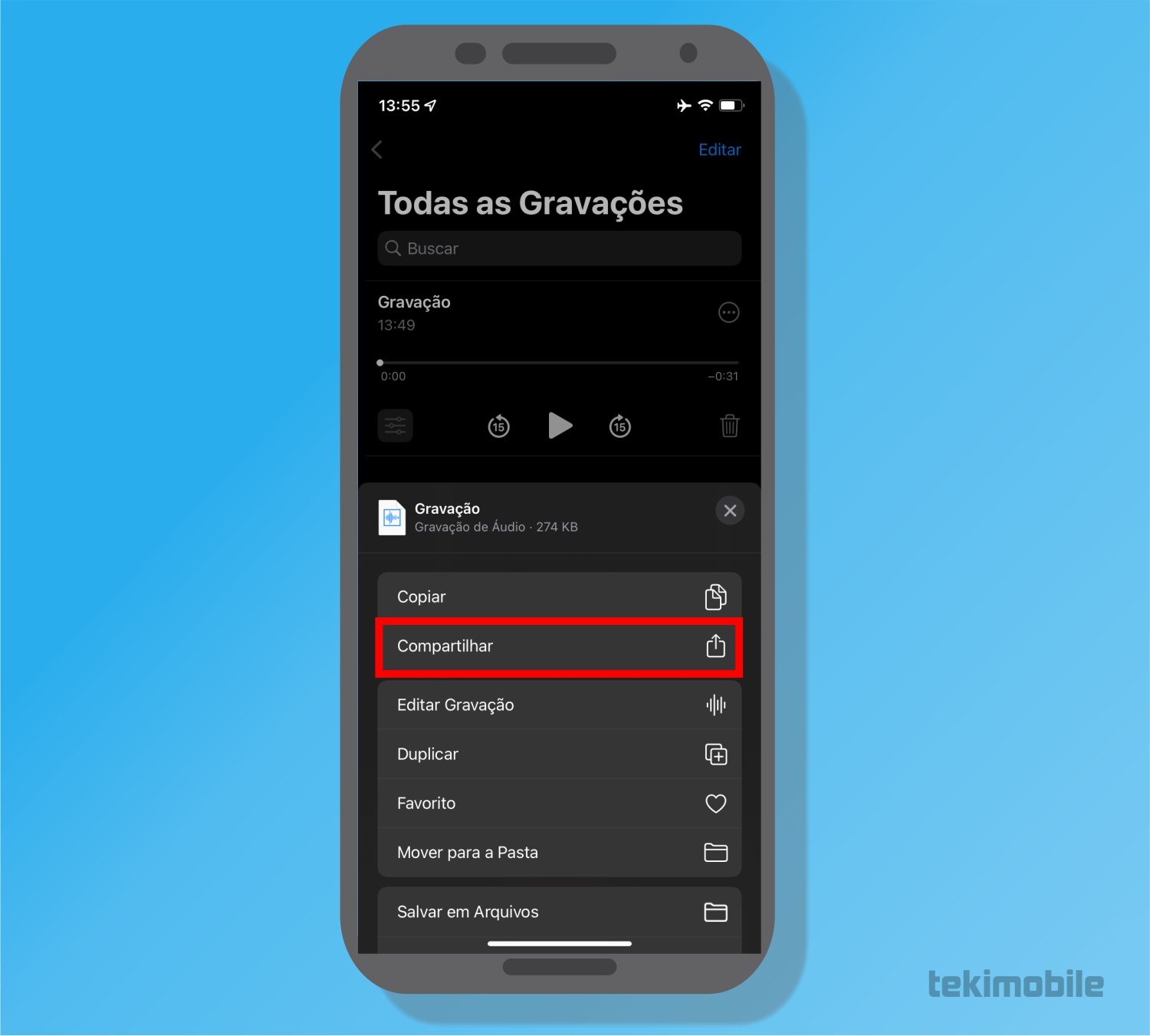 Toque sobre Compartilhar - Como fazer notas de voz no iPhone [e compartilhar]