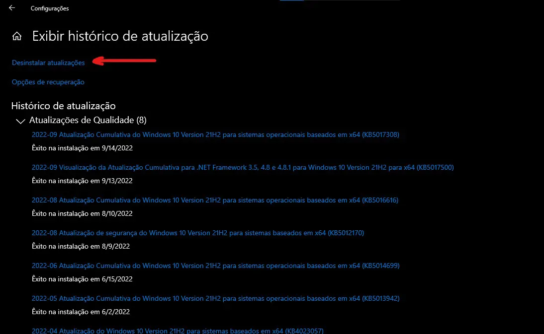 Toque sobre Desinstalar atualizações - Como desinstalar uma atualização do Windows