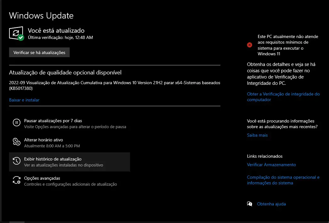 Toque sobre Exibir histórico - Como desinstalar uma atualização do Windows