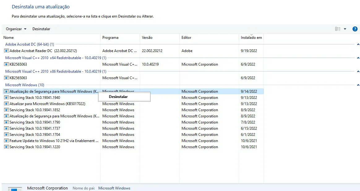 Toque sobre a atualização que deseja remover - Como desinstalar uma atualização do Windows