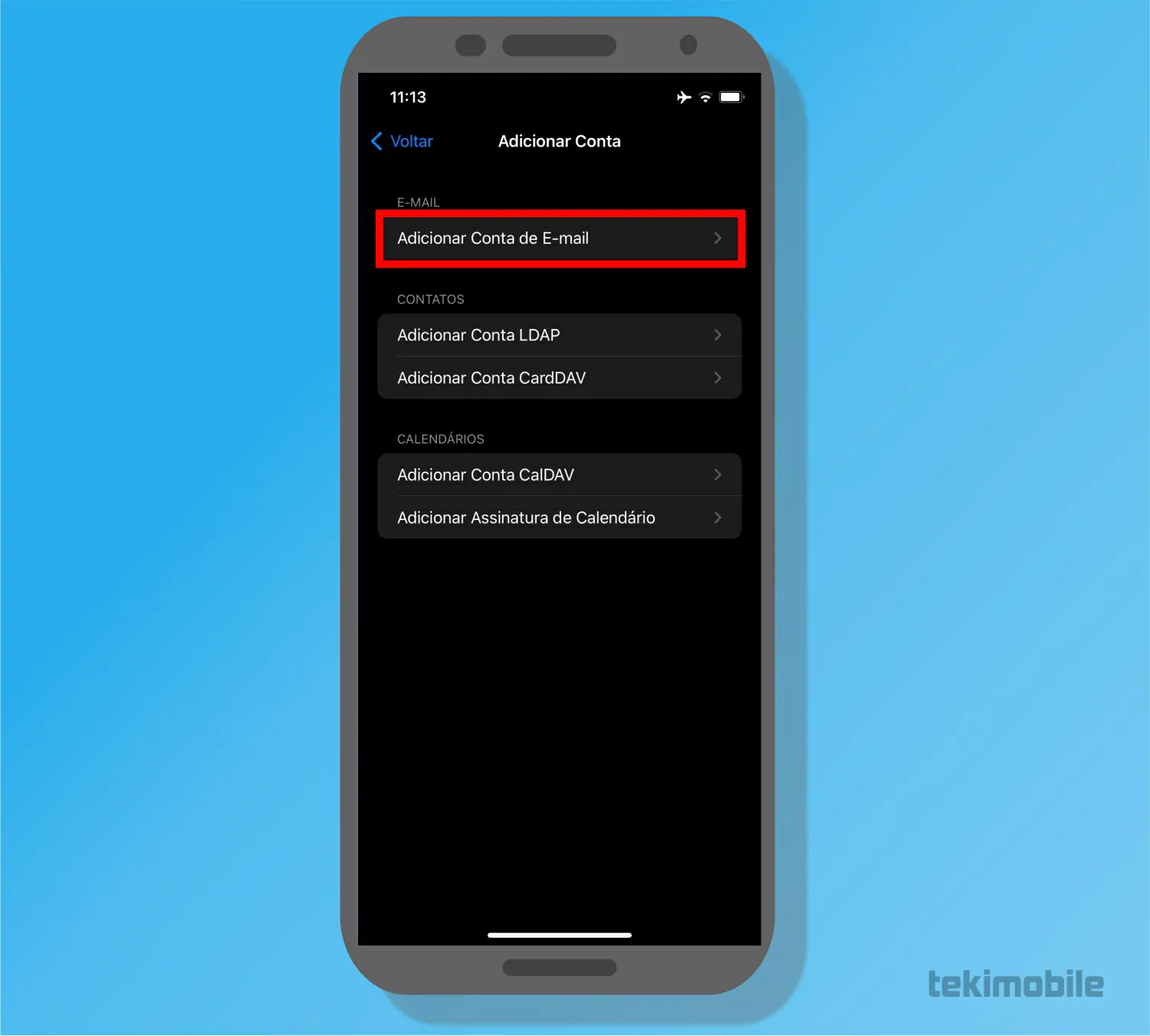 Toque sobre a opção Adicionar - Como configurar e-mails no iPhone (Gmail, outlook e outros)