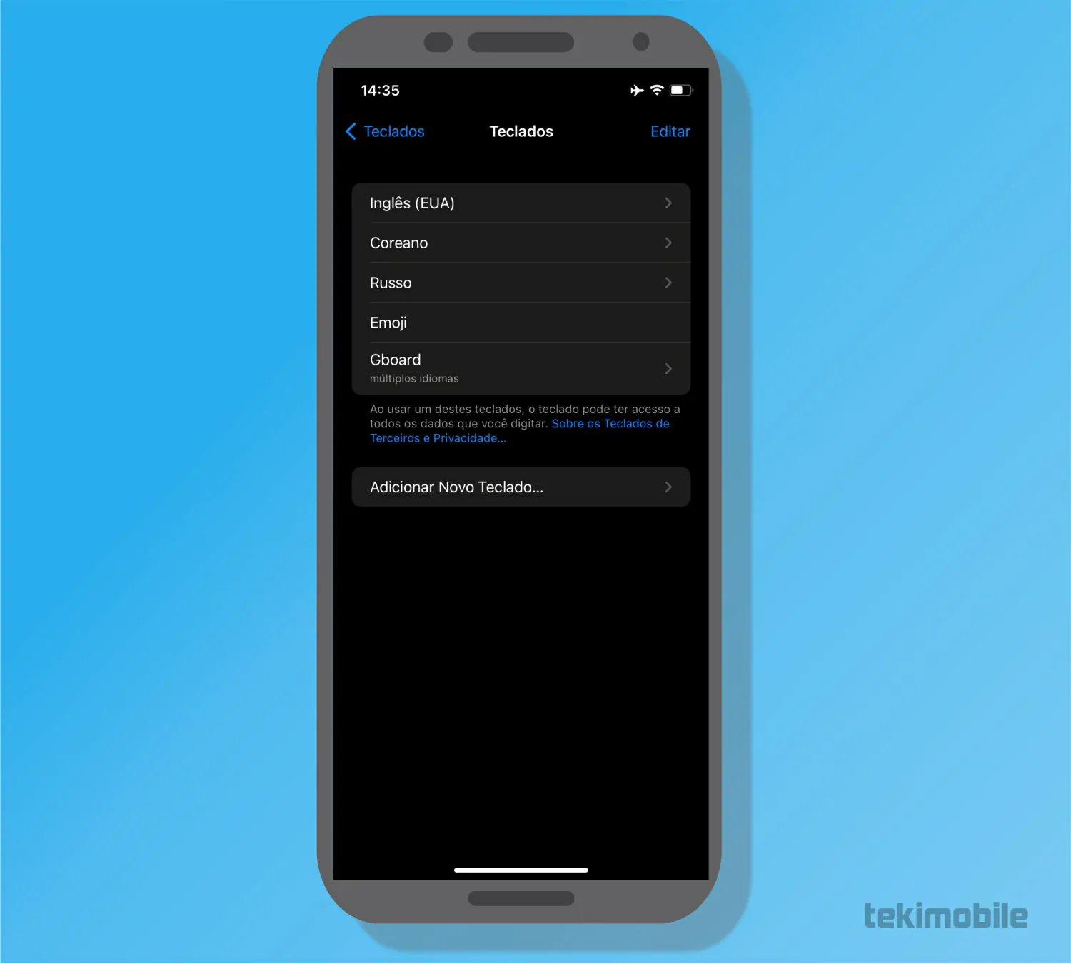 Toque sobre add - Como mudar o idioma do Teclado do iPhone (iOS)