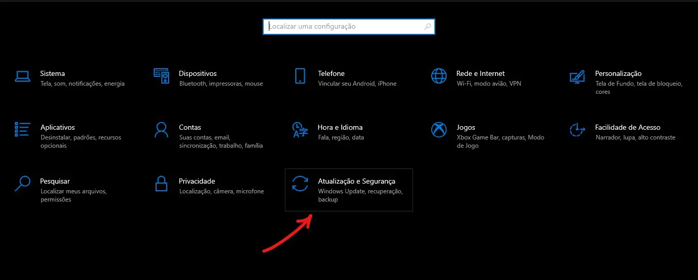 Toque sobre atualização e segurança - Como desinstalar uma atualização do Windows