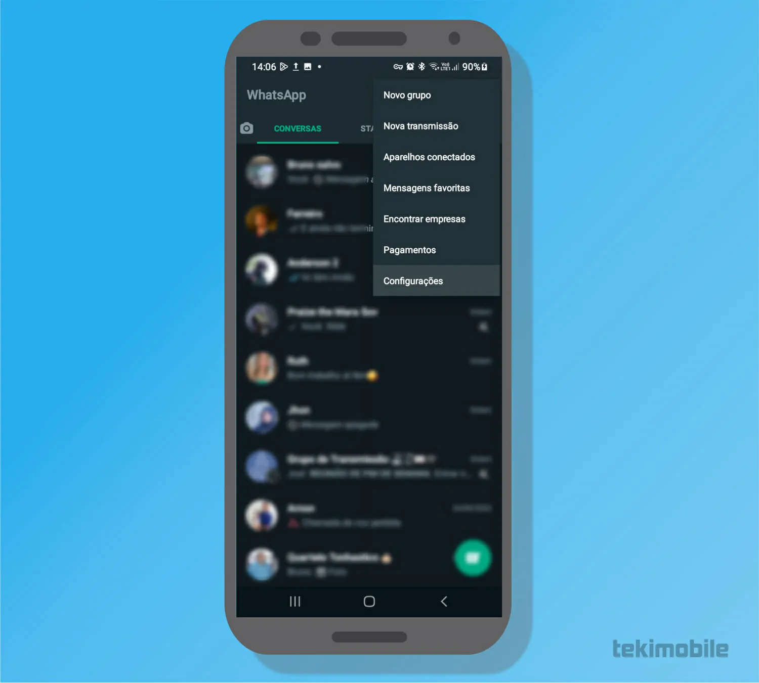 Toque sobre configurações - Como ocultar foto do perfil do WhatsApp