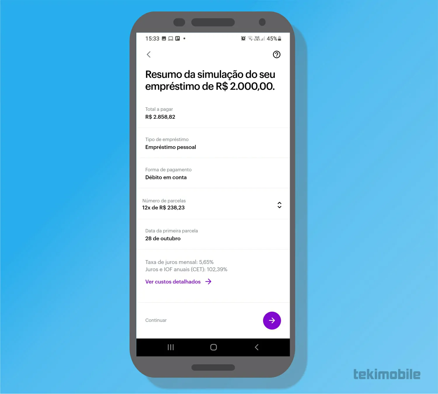 Toque sobre prosseguir - Como fazer empréstimo no Nubank